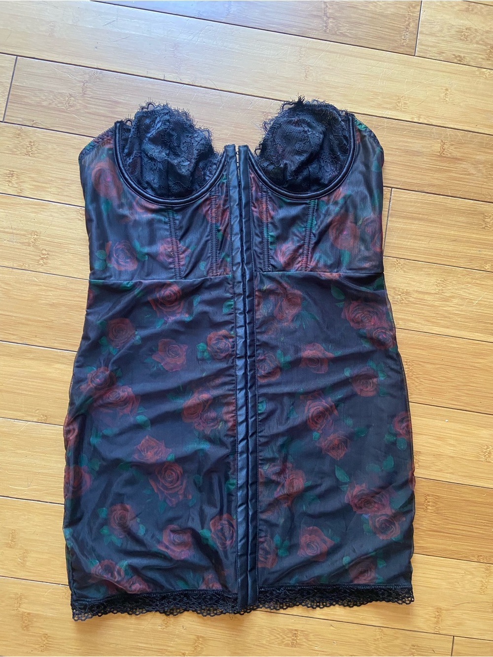 Dolls Kill/Current Mood Mesh Black Slip Dress with Red Rose Print